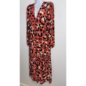 Ted Baker Isbeil Animal Print Coral Midi Long Sleeve Dress Women Ted Sz 1/ US 4